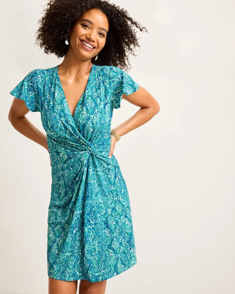 Discount Tommy Bahama Clara Playa Python Short-Sleeve Faux-Wrap Dress Atlantis Teal