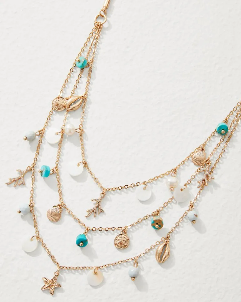 New Tommy Bahama Coral Isles Semi-Precious Stone & Pearl Layered Necklace Gold