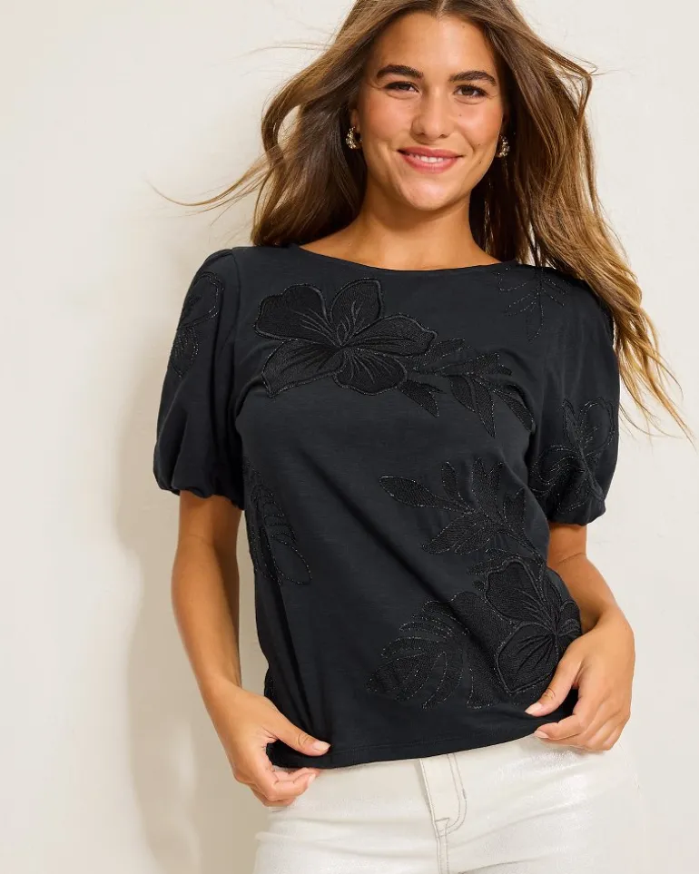 Cheap Tommy Bahama Heritage Hibiscus Puff-Sleeve Lux T-Shirt Black