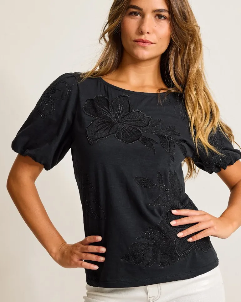 Cheap Tommy Bahama Heritage Hibiscus Puff-Sleeve Lux T-Shirt Black