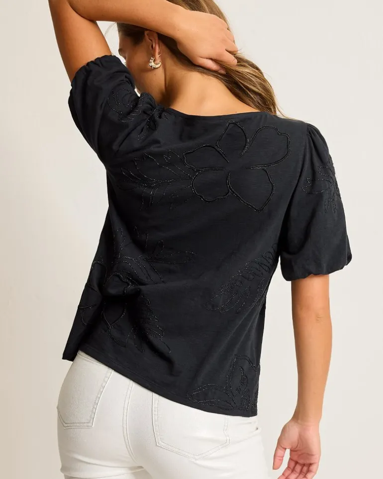 Cheap Tommy Bahama Heritage Hibiscus Puff-Sleeve Lux T-Shirt Black